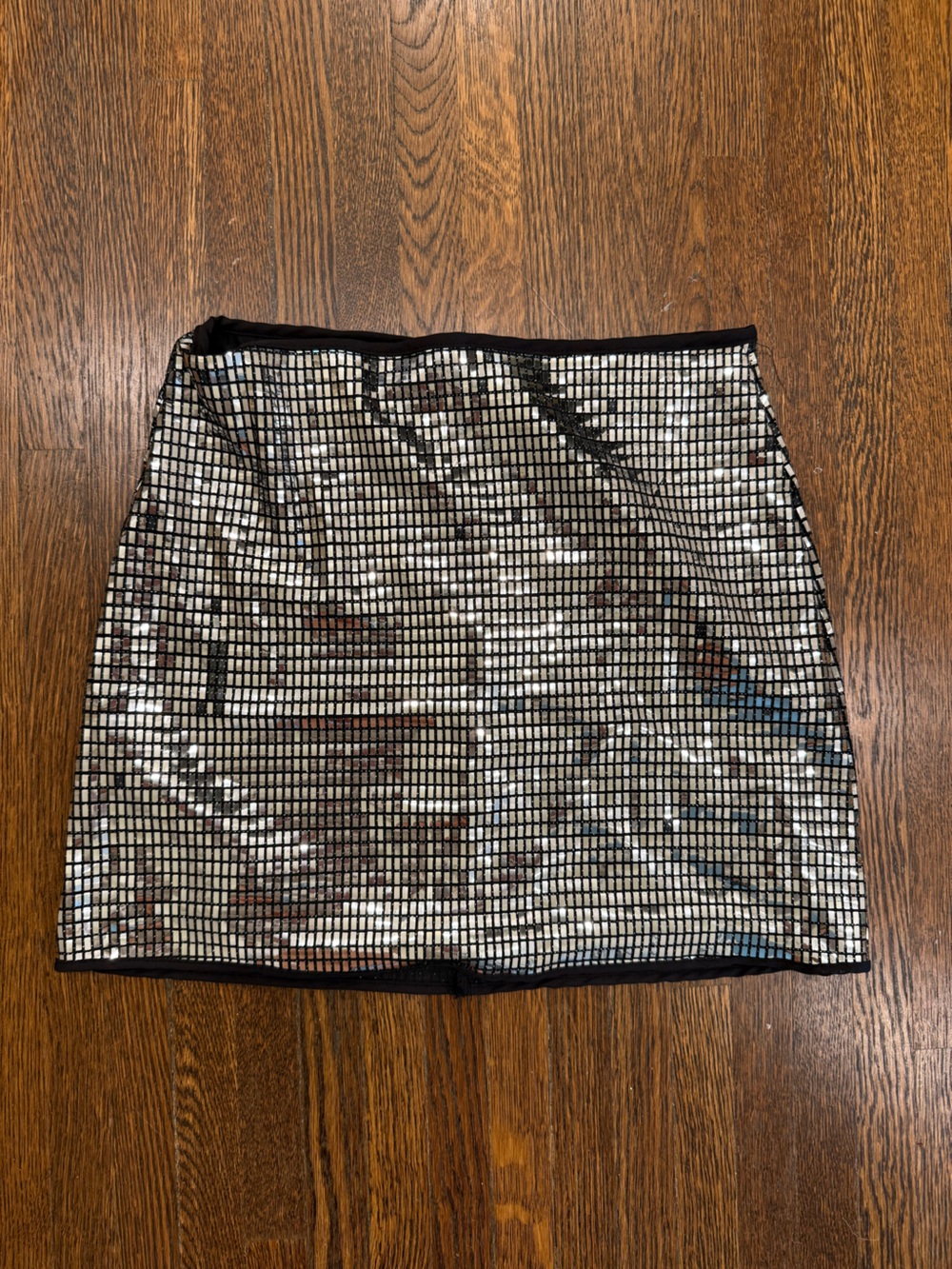 Le Lis Black Mini Skirt with Silver Mirror Tiles